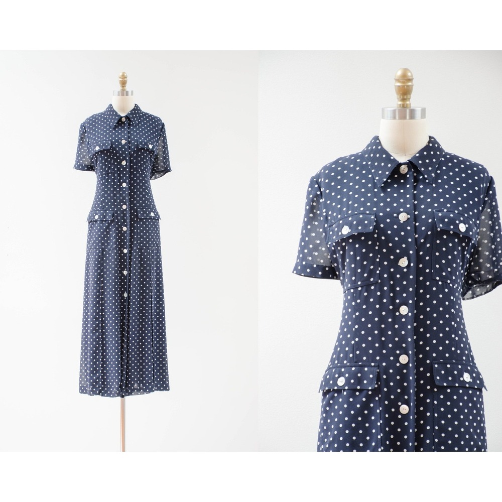 90s vtg navy blue polka dot loose oversized‎ chiffon maxi dress